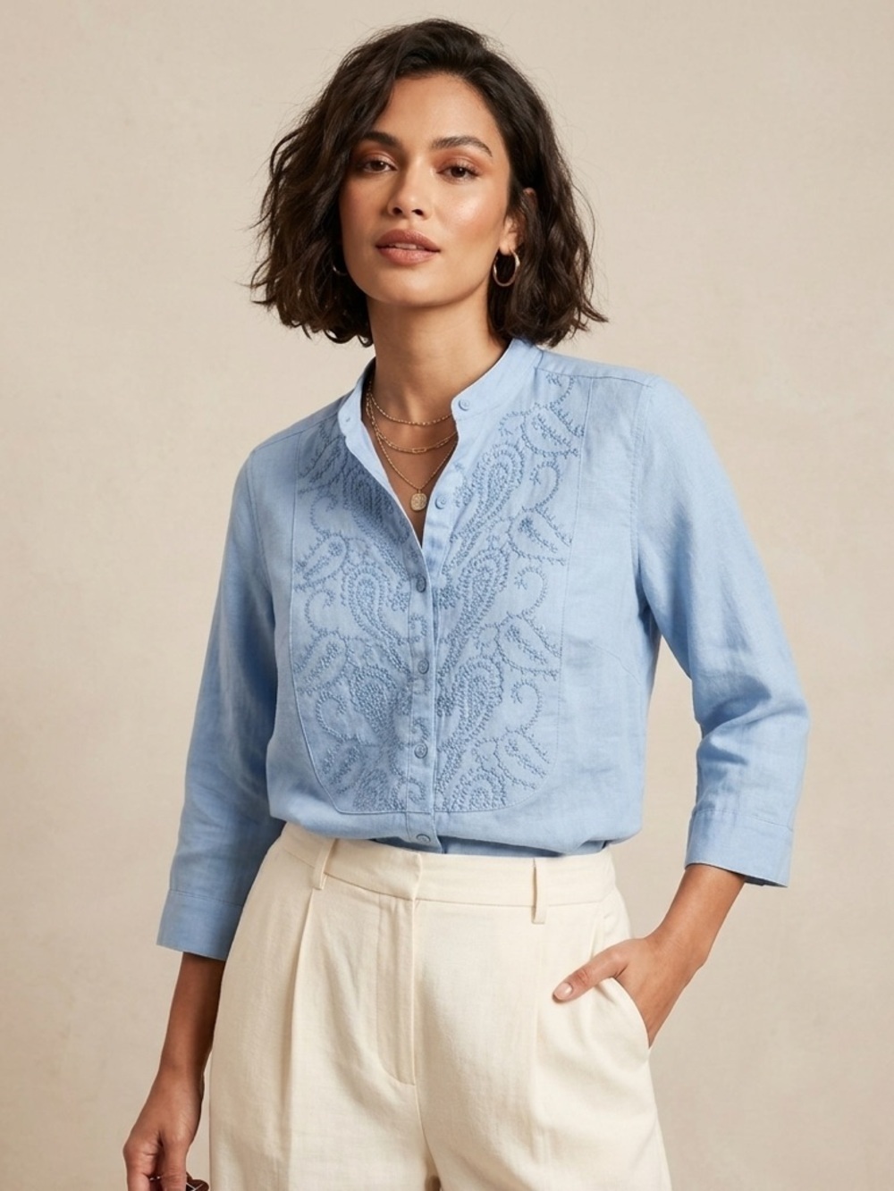 J.Crew TWeeds Blue Linen Embroidered Blouse Size M Boho Tunic Top